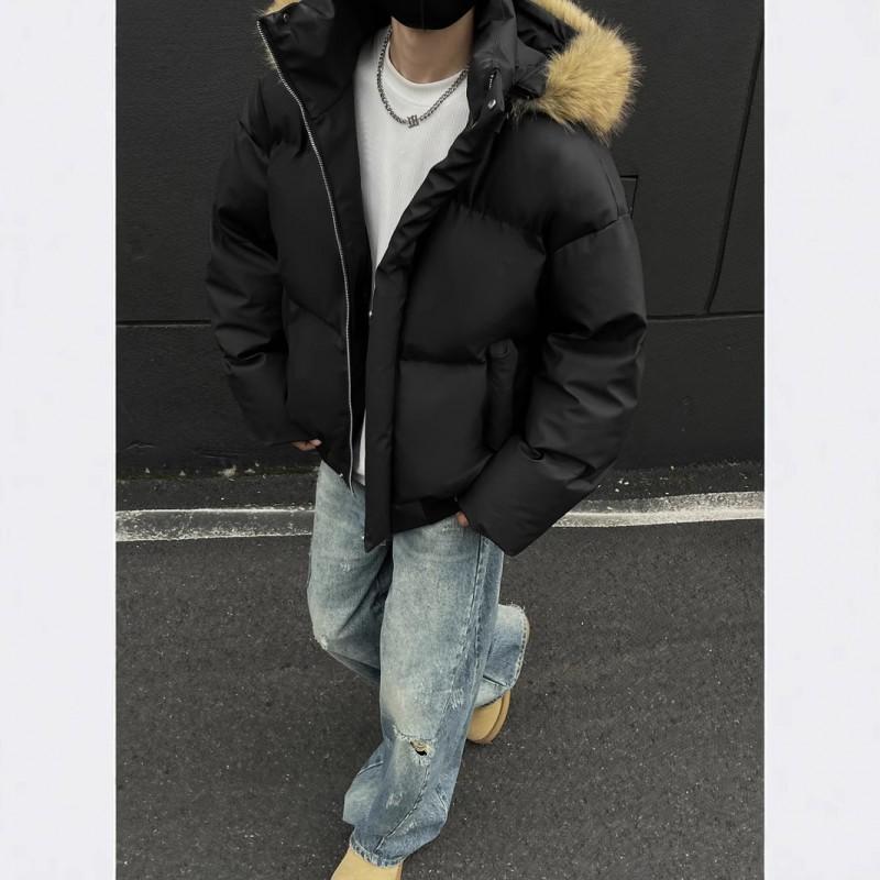 Detachable Faux Fur Hooded Puffer Jacket Men Women Winter Thick Warm PU Cotton Coat Couple Style