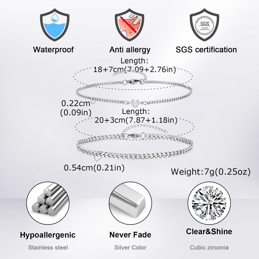 2Pcs Simple Stainless Steel Bracelet Set for Women Men, Zircon Heart Charms Couple Bracelets, Fashion Jewelry for Lover Gift