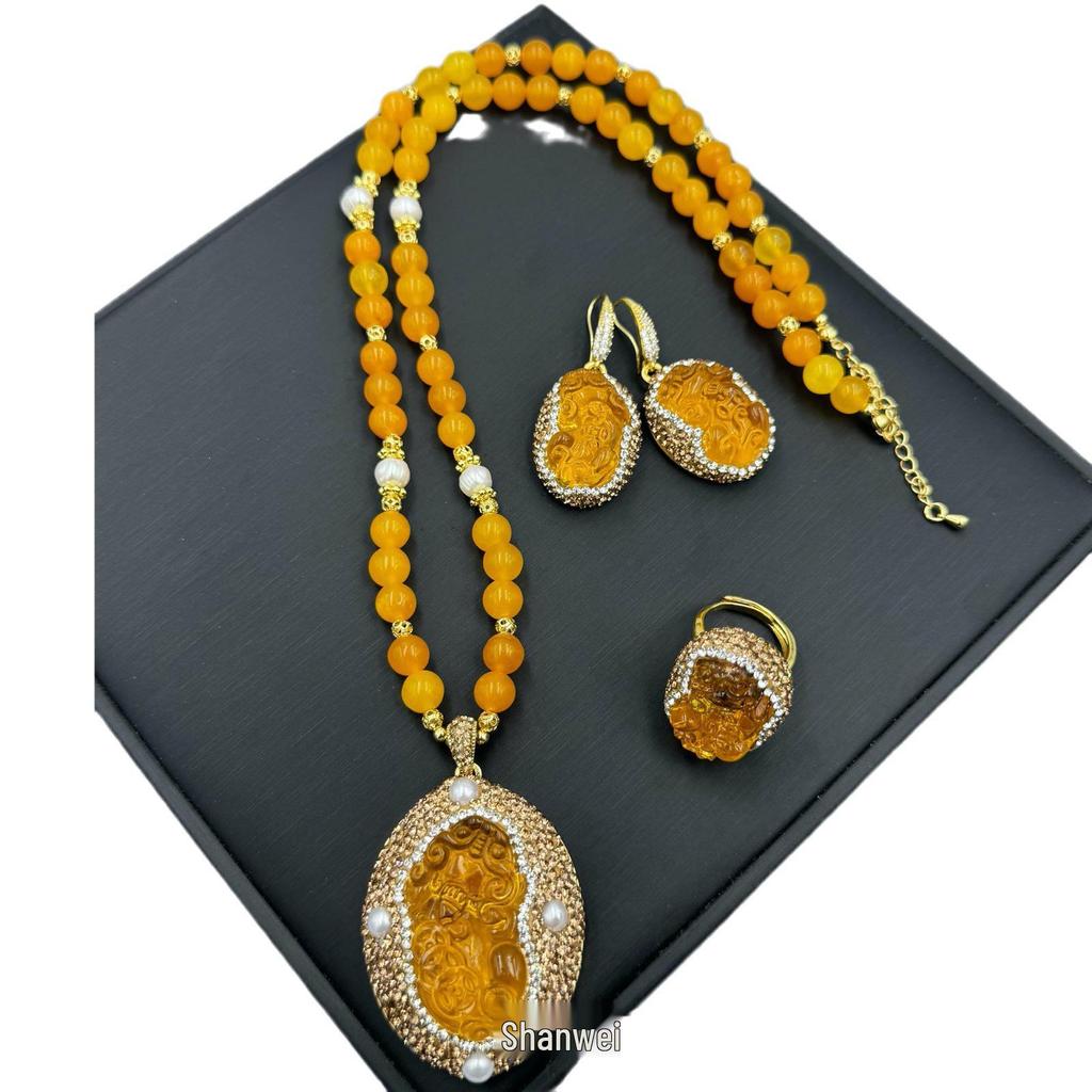 Pixiu Inlaid Baroque Pearl & Jade Vintage Jewelry Set - Three Pieces