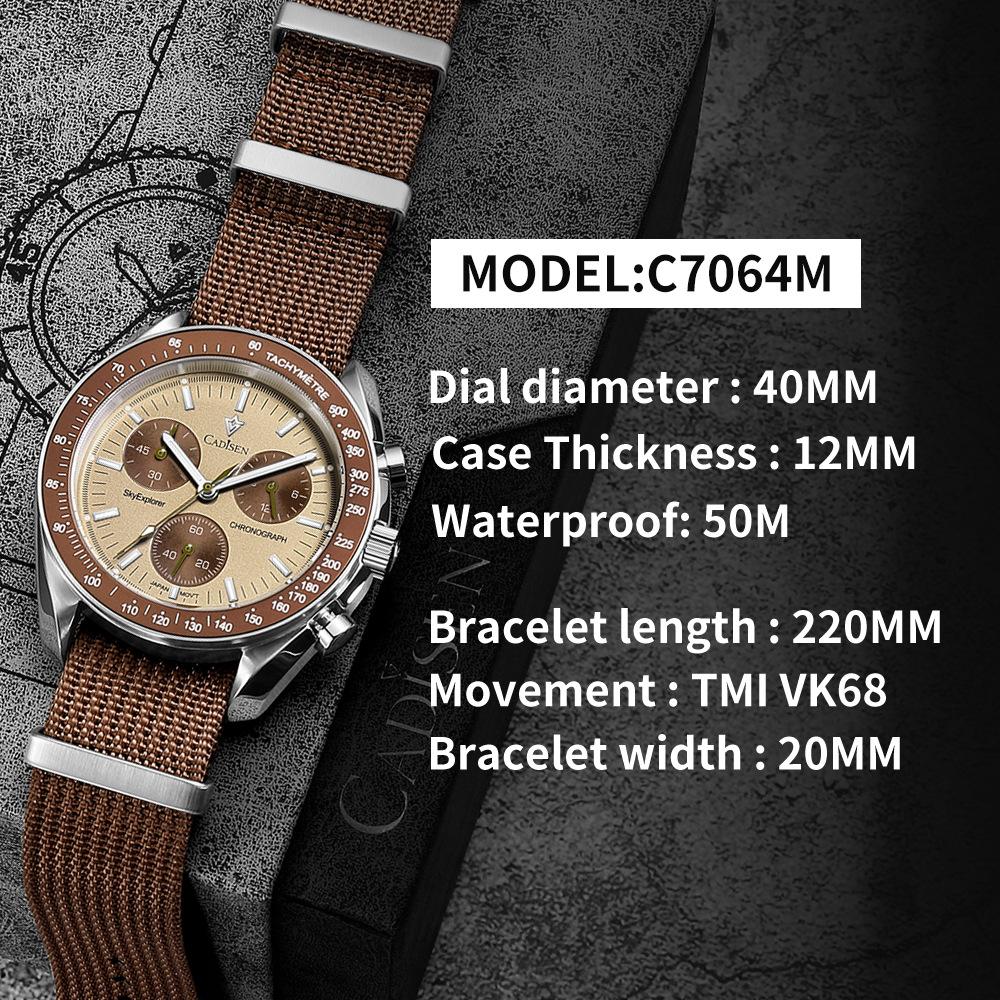 2026 CADISEN New Men's Watches Luxury Quartz Wrist Watch for Men Sapphire AR Coated Crystal Canvas VK68 Speed Chronograph