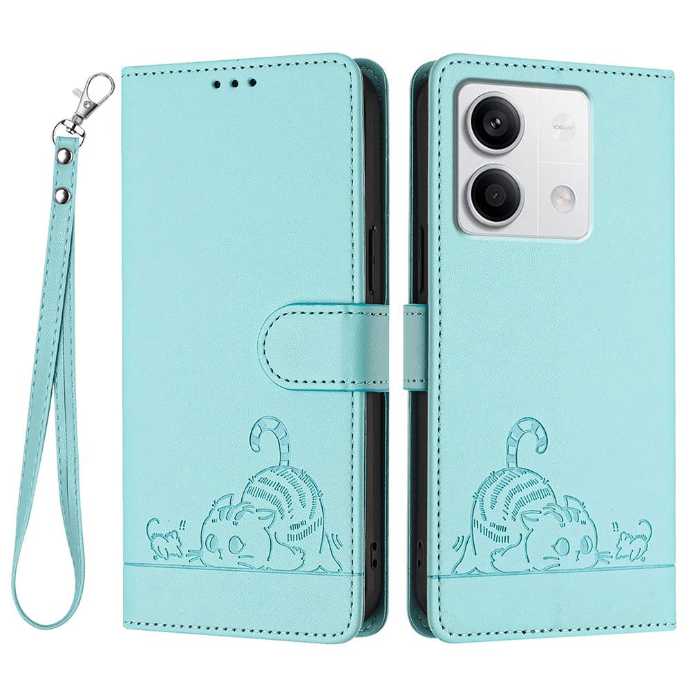 

For Xiaomi Redmi Note 13 5G/Note 13 5G (China) Case with Strap RFID Blocking Leather Wallet Phone Cover Cat Mouse Pattern Mint Green