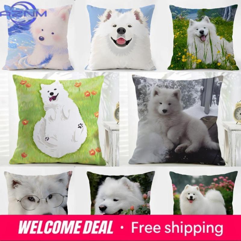 Casual Fluffy Smiling Dog Samoyed Cushion Cover Washable Linen Pillowcase Soft for Daily Sofa Bed Home Room Decor