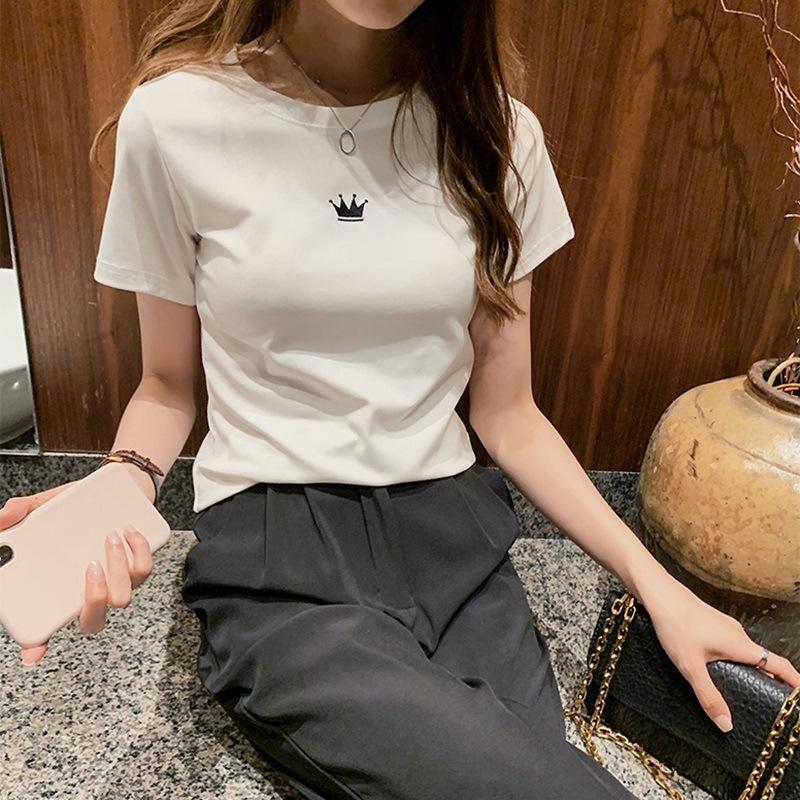 Summer Slim Fit Embroidered Round Neck Short Sleeved T-shirt for Women Student Women's Base Top Shirt