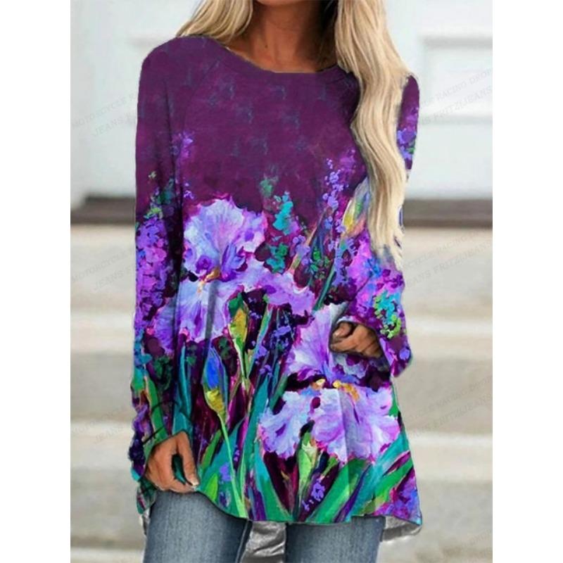 Women T-shirt Summer Floral Print  Fashion Long Sleeve Tshirt Essential Tops Tees Ladies Flower