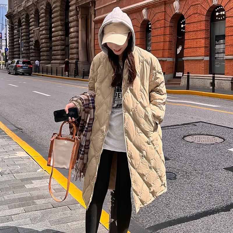 Women's Autumn and Winter Diamond-Patterned Long Lightweight Jacket, British Style Mid-Length Coat, Korean Style Hooded Warm Jacket