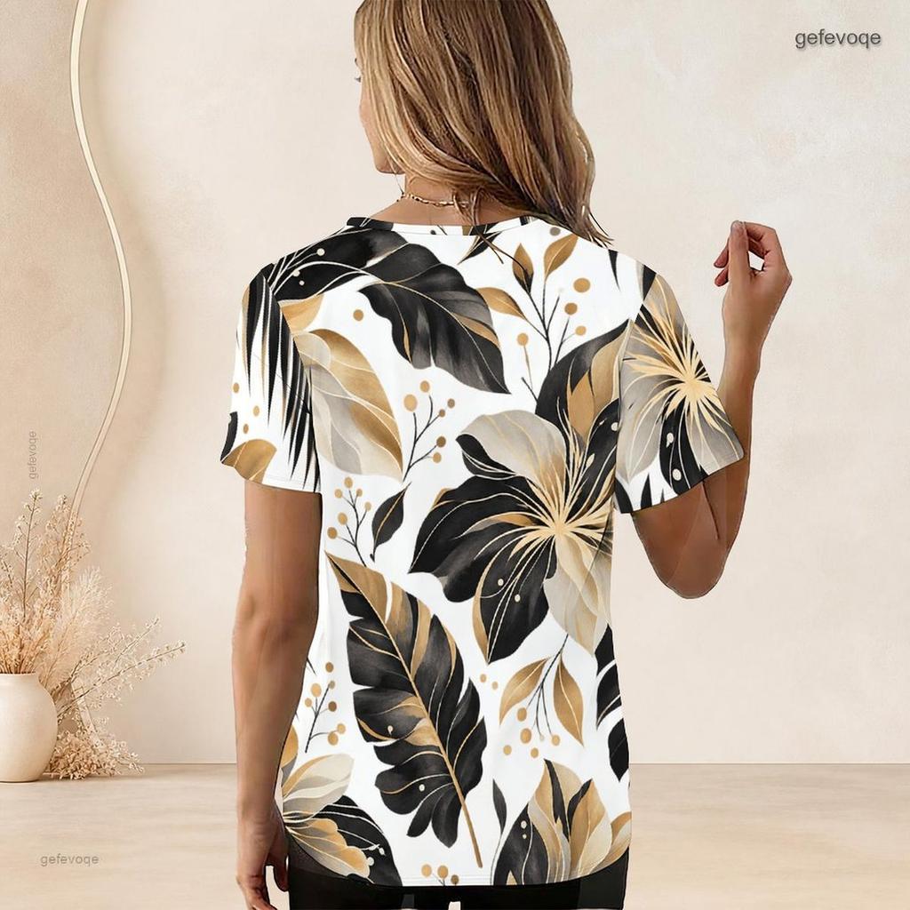 Women Plus Size U Neck Short Sleeve T Shirt White Tropical Floral Leaf Print Casual Top
