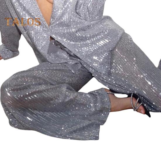 Cămașă cu paiete, pantaloni, cu rever, cu decolteu în V, cu mânecă lungă, haină de lungime mijlocie, cu picior lat, pantaloni supradimensionați pentru petreceri, ținută de celebrități de club