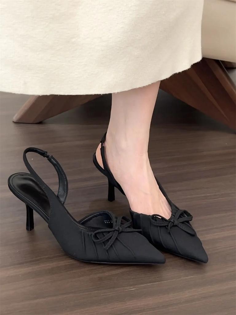 Fashion Women Bowknot High Heels Pumps Women Summer Fashion Leopard Thin Heel Sexy Pointed Slingback Sandals Elegant Party Dress Shoes