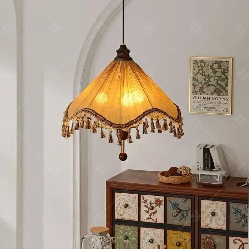 Retro Fabric Pendant Light Tassel Ceiling Chandelier Led Hanging Lamp for Bedroom Living Room Dining Table Decor