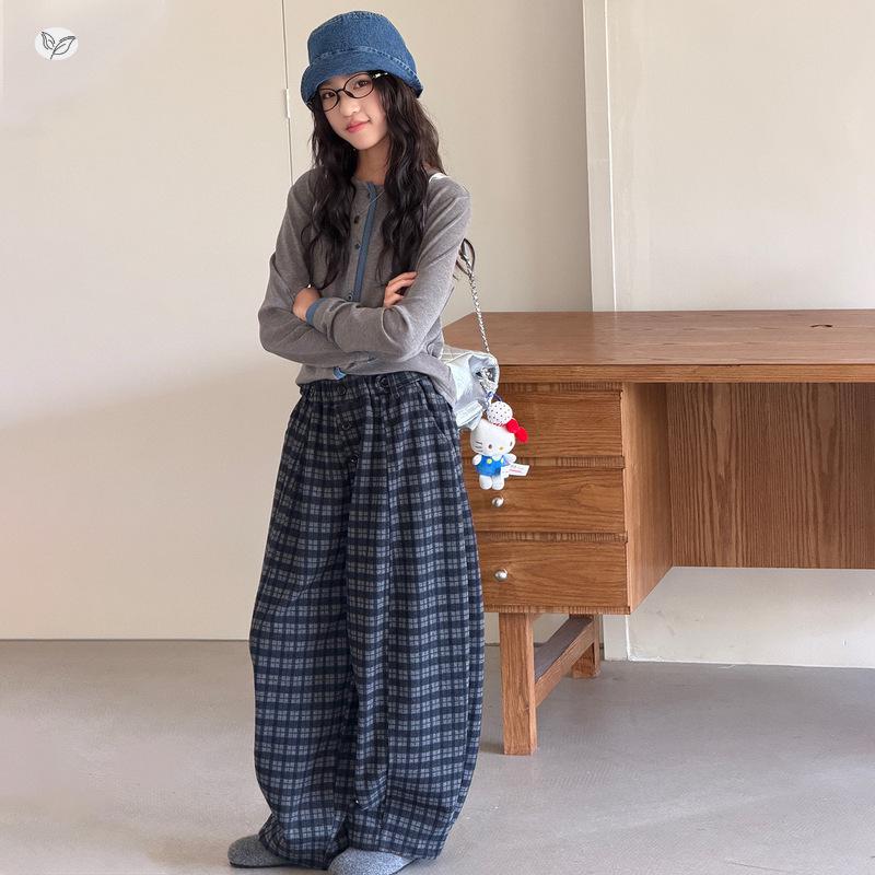 Girls' Casual Plaid Wide-Leg Pants - 2026 Autumn Style for Medium and Large Kids