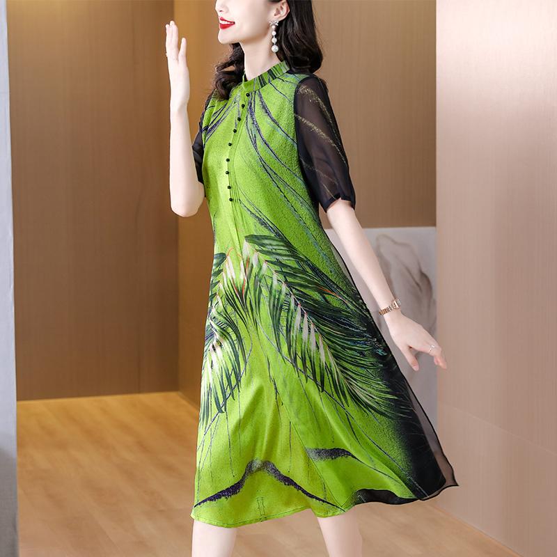 Women's Summer New Vintage Satin A-line Dress Loose Large Size Lady Dresses