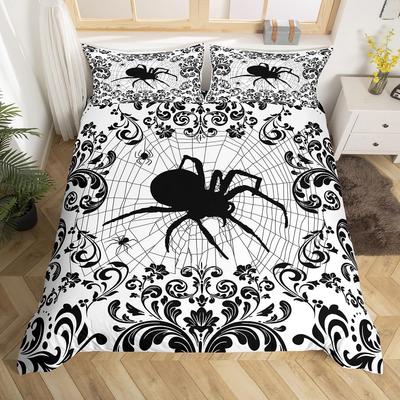 Black White Spider Web Duvet Cover Queen Halloween Gothic Bedding Set for Boys Adults Room Decor Hippie Floral Comforter Cover