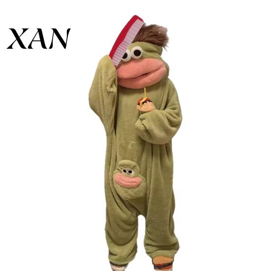 Gemütliches Lounge-Set Kinder Erwachsene Lustiger Großer Mund Onesie, Lustiger Unisex Fleece Kapuzen-Pyjama, Herbst Winter Nachtwäsche Übergröße Plüsch Haus-Loungekleidung mit Kamm M grün