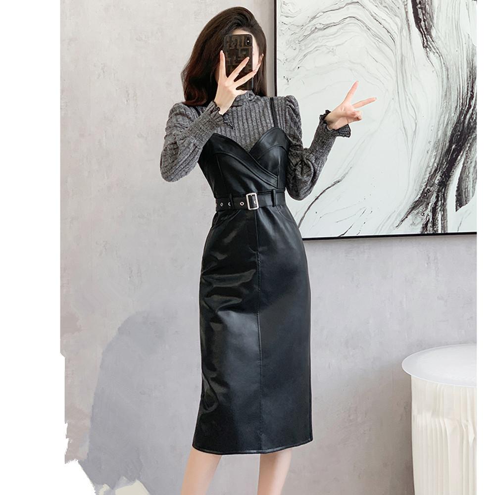 Streetwear PU šaty 2dílná sada Dámské outfity Neformální rolák Košile s rukávy a koženými šaty bez ramínek Dámské