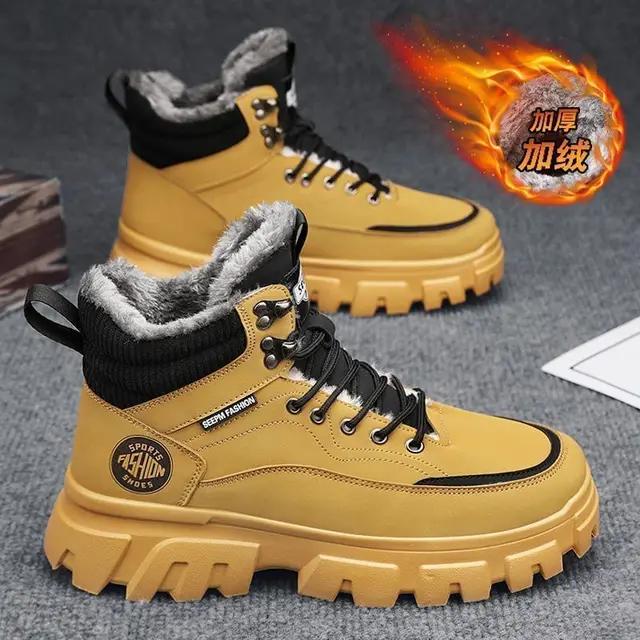 Men's Plush Winter New Thick Soled Lace Up Work Shoes, Casual and Fashionable, Cold Resistant and Warm Cotton Short Boots