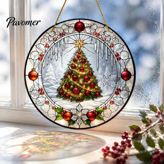 Transparent Acrylic Hanging Ornaments Stained Glass Style Window Hanging, Christmas Tree Snow Scene Holiday Home Ornament Suncatcher, Door Decor