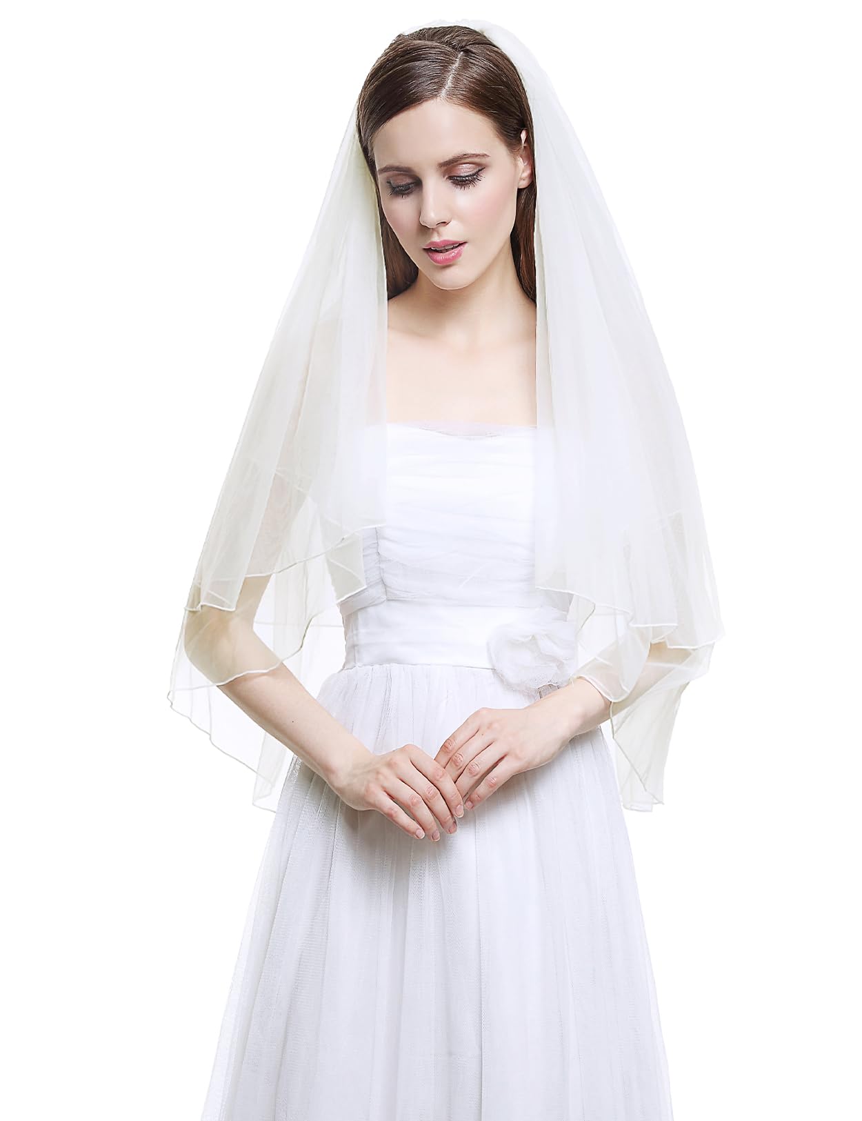 

[BEAUTELICATE] Wedding Veil, Short Veil, Double Layer, Mid-Length, for Dresses, with Metal Comb, Pencil Edge, Bridal Accessories, Simple, Elegant,