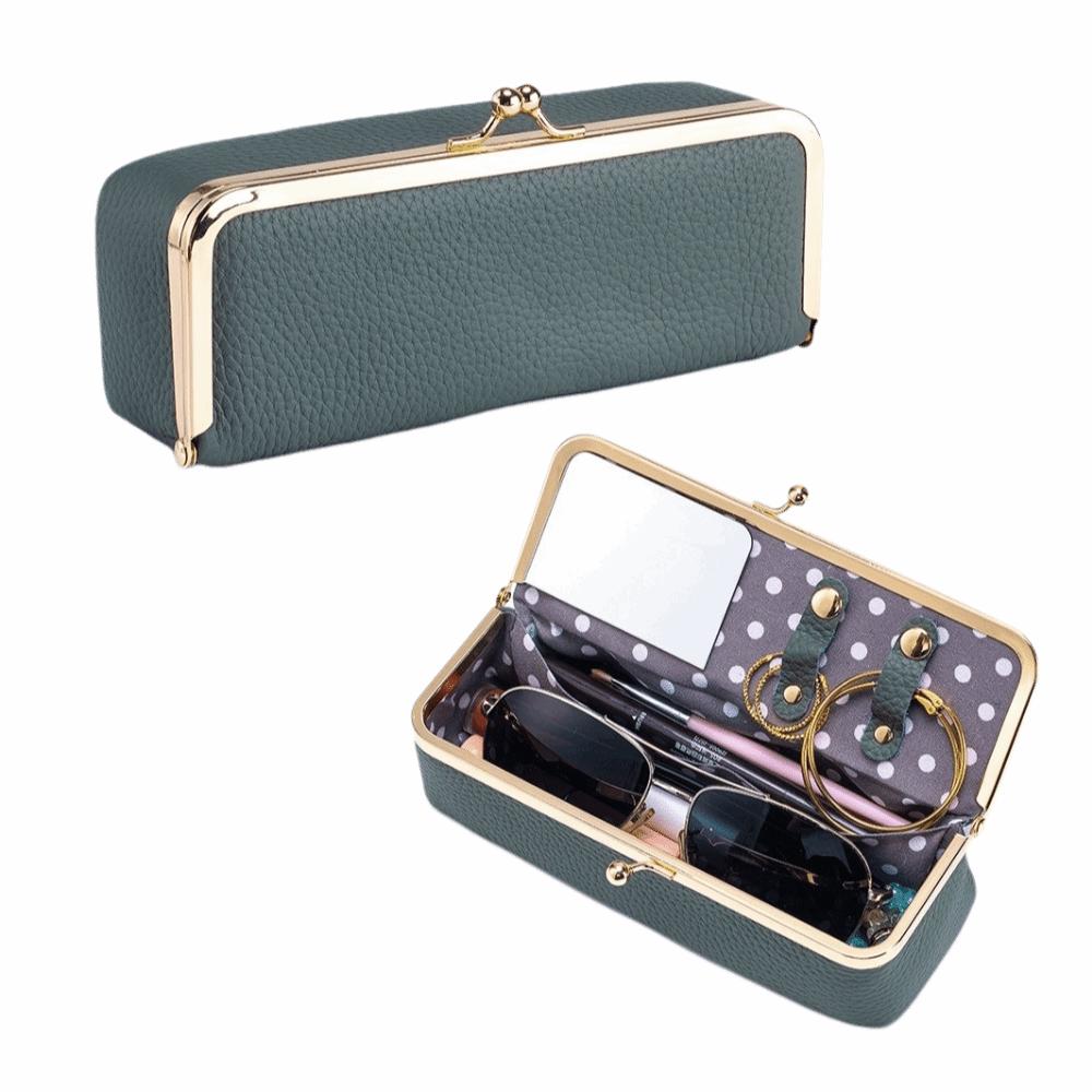 Genuine Leather Cosmetic Storage Pouch Portable Solid Color Sunglasses Storage Case Buckle Fixed Compact Jewelry Storage Bag