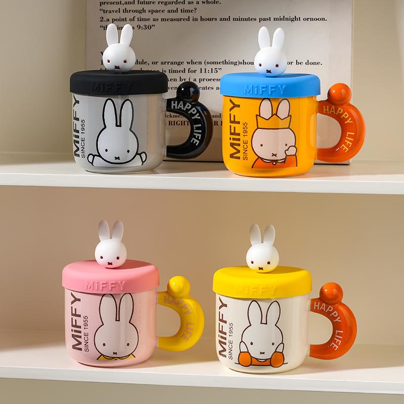 High Value Cartoon Miffy Ceramic Cup with Lid for Home Cute Couple Water Cup Gift Box Creative Souvenir Mug