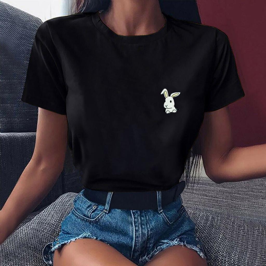 Summer Round Neck Little Rabbit Pattern Printed Top Fashionable Casual Pure Cotton Short Sleeved Women's T-shirts