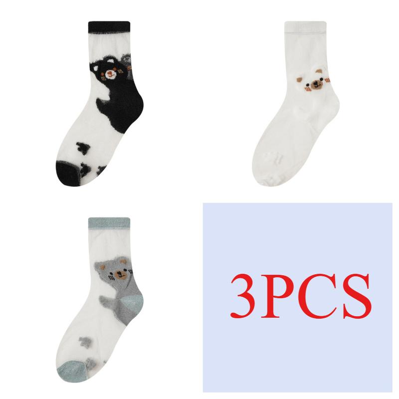 3/5 Pairs Cartoon Bear Sheer Mesh Socks for Women Breathable Transparent Ankle Socks Thin Summer Socks Cute Animal Pattern Socks