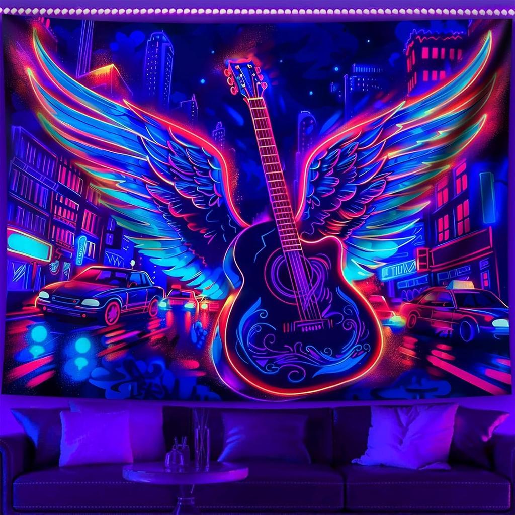 TUGCAY Blacklight Guitar Wing Tapestry UV Reactive Rock Music Tapestry Punk City Car Building Street Wall Hanging Tapestries for Bedroom Dorm Living