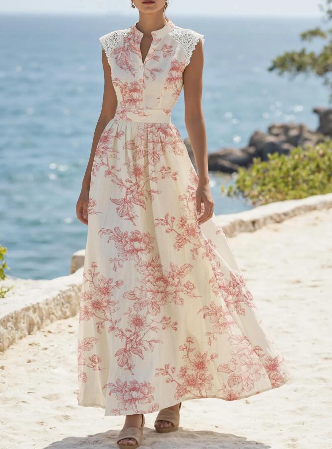 Elegant Lace Patchwork Floral Dress with Short Sleeves