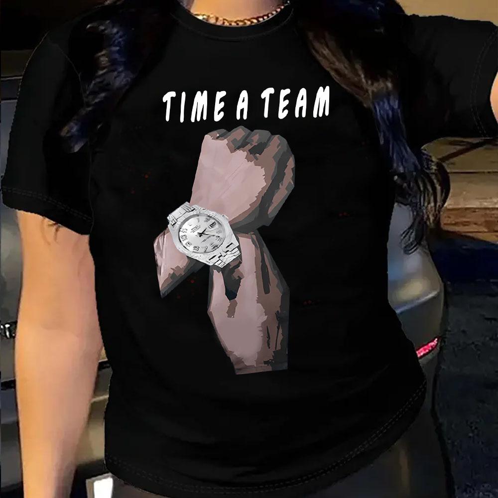 

TIME A TEAM HAND Cotton T-Shirt Short Sleeve Round Neck Women 2d Print Tops XL