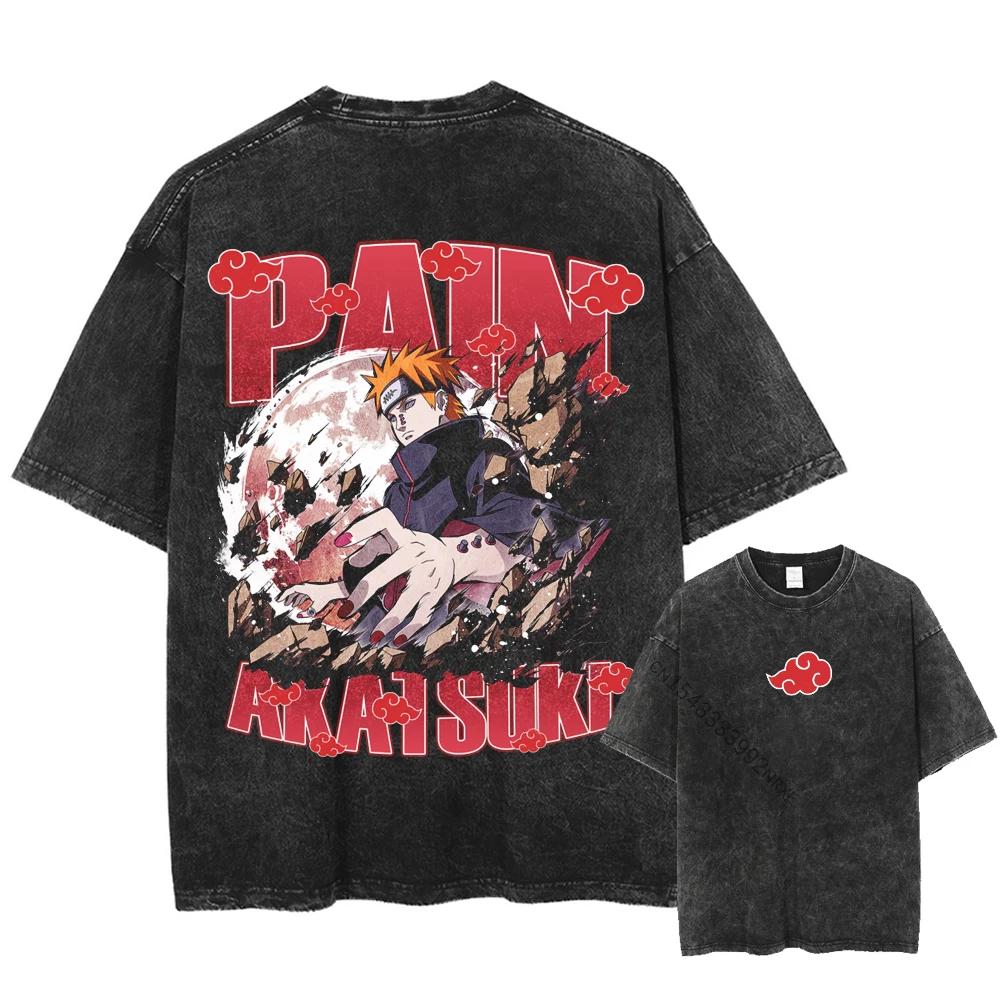 Harajuku Streetwear Washed TShirt Japanese Anime Naruto Tshirt Double Sided Cotton Tees Tops Men Short Sleeve Vintage Tshirt