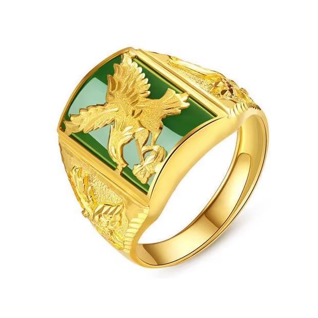 Premium Gold AU999 Men's Rings Fashionable Domineering Eagle Ring 24 Real Gold Large-picture Ring Inlaid Agate Cedar Ring