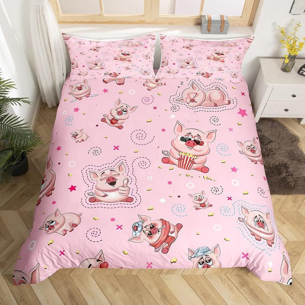 Cartoon Cute Pink Pig Duvet Cover for Children Boys Girls Microfiber Pigs Floral Cartoon Farm Animals Theme Bedroom Decorations