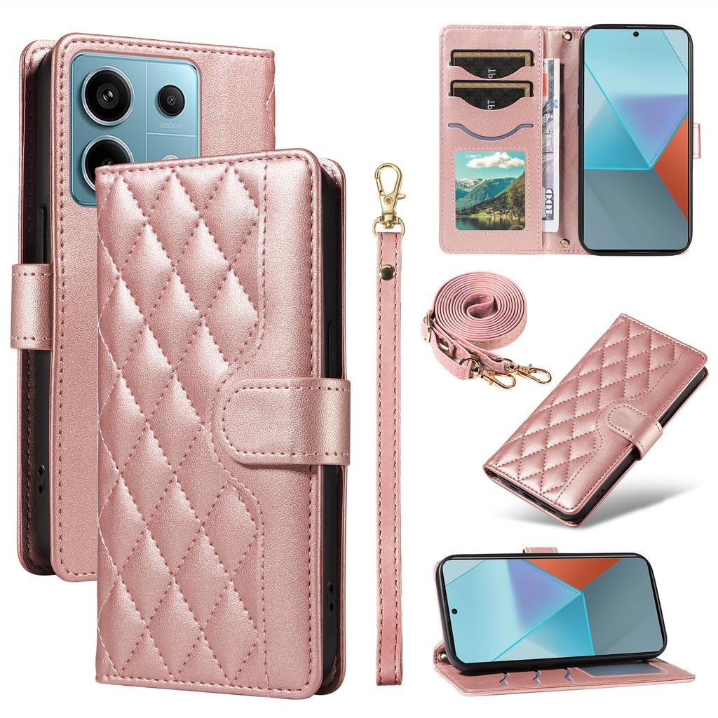 For Xiaomi Poco X6 5G/Redmi Note 13 Pro 5G Case Wallet Rhombus Leather Phone Cover with Shoulder Strap,Wrist Strap