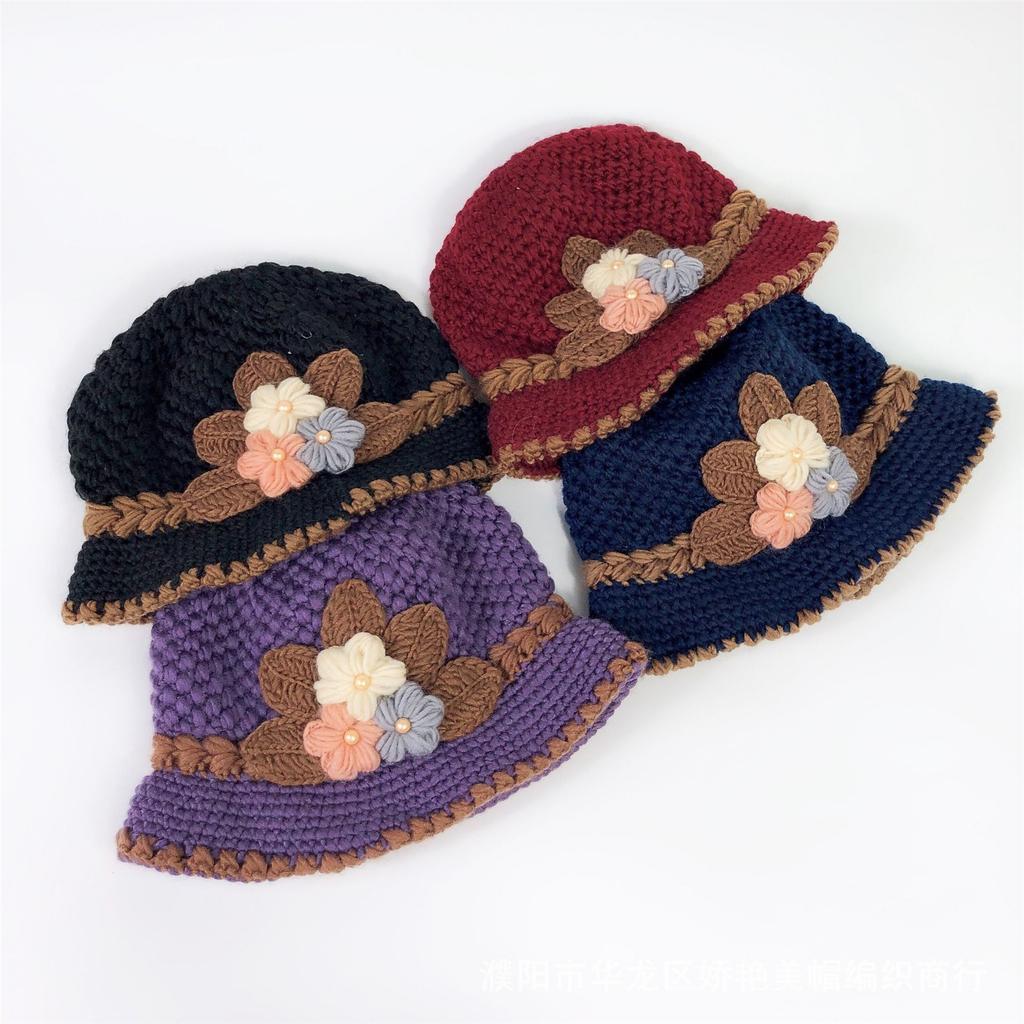 Handmade Knit Bucket Hat for Woman Teenagers Outdoor Floppy Flower Fisherman Hat Wide Brim Winter Autumn Travel Hat