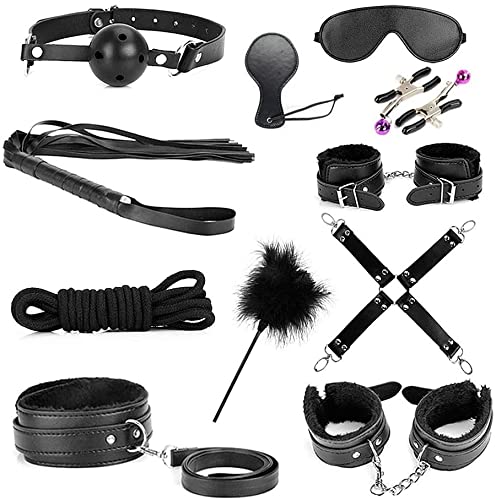 Ninonly SM Goods SM Set Restraints 11 Piece Set SM Play Collar Handcuffs Leg Shackles Gag Eye Mask Adjustable Rut Relief Unisex (Black)