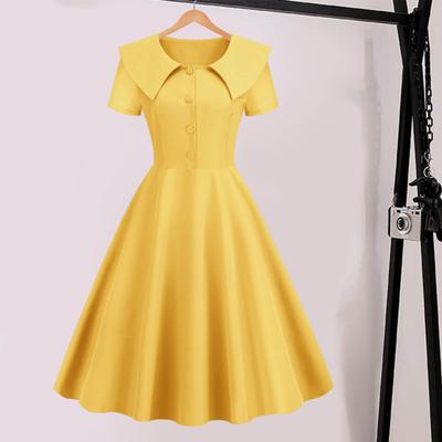 Retro Women Dress Shortn Sleeves A-line Slim Fit Big Swing Buttons Turn-down Collar Solid Color 50s