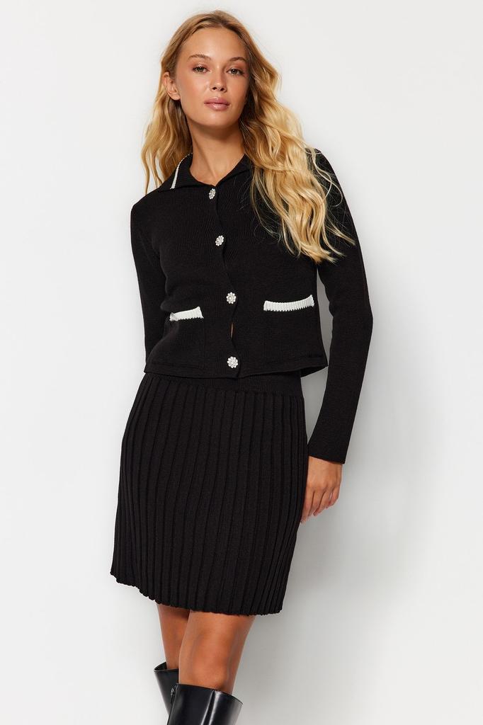 Women's Style Bottom-Top Set Clothes Black Crop Pocket Detailed Mini Skirt Knitwear Bottom-Top Set