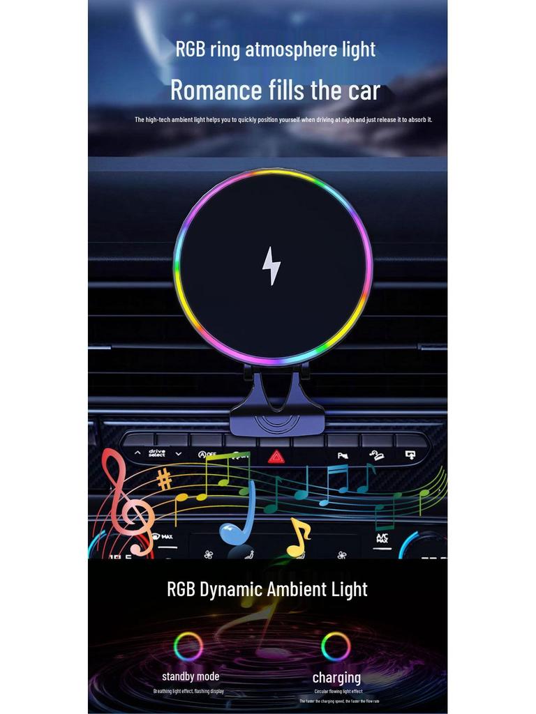 RGB Magnetic Wireless Car Charger & Phone Holder - 15W