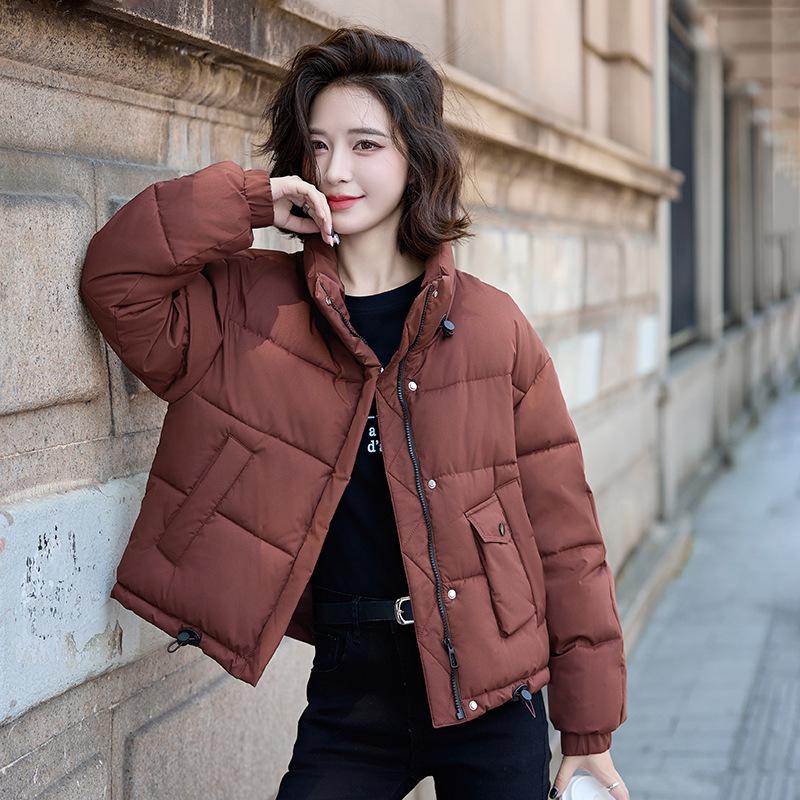 

Женская короткая куртка в корейском стиле 2024: Воротник-стойка, Универсальный дизайн с карманами, Хлопковая куртка на зиму Extra Large