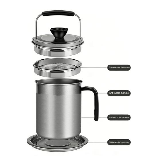 Bacon Grease Container with Filter And Lid 1.4/1.7/2.0L Carbon Steel Lard Jar for Cooking And Storage Easy-Grip Handle Rust Resistant Pot for Frying
