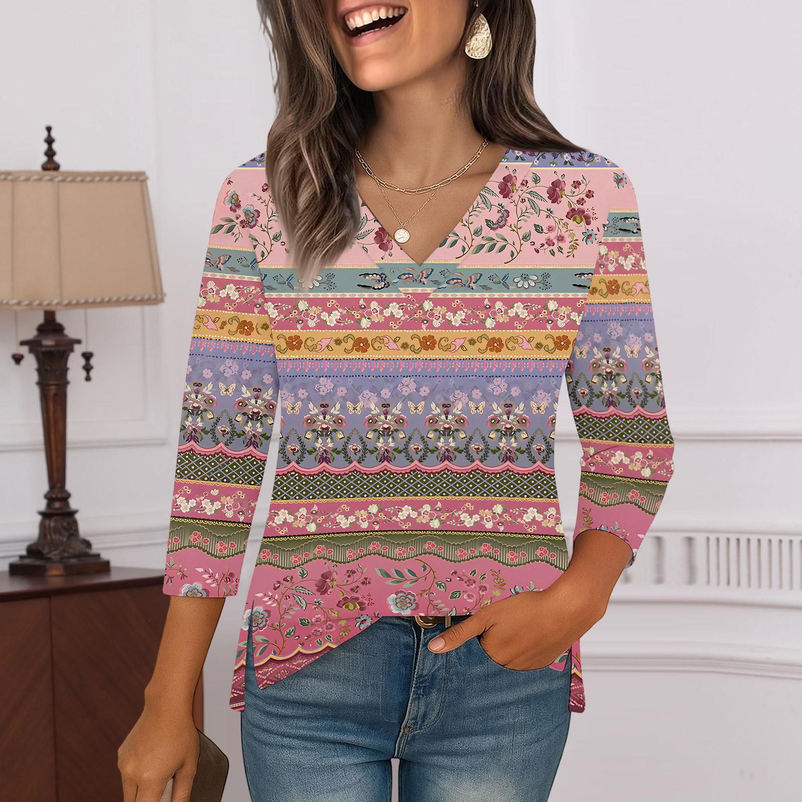 

3/4 Sleeve Shirts For Women Print Graphic Tees Blouses Casual Plus Size Basic Tops Pullover XL кавун червоний колір