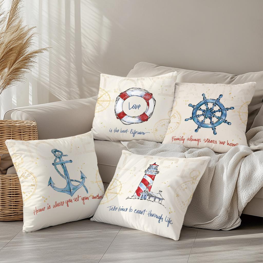 1/4pcs Nautical Coastal Throw Pillow Covers Navy Blue Anchor Lighthouse Lifebuoy Steering Wheel Decorative Cushion Cases