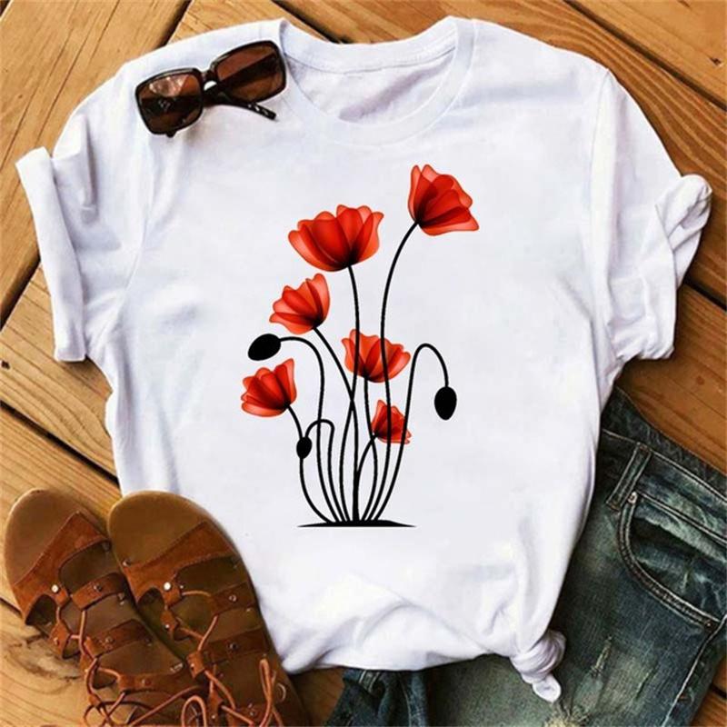 Women Graphic Flower Floral Printed T-shirts Cute 90s Style Vintage Print Tops Lady Tees Clothing Female T Shirt Womens T-Shirts