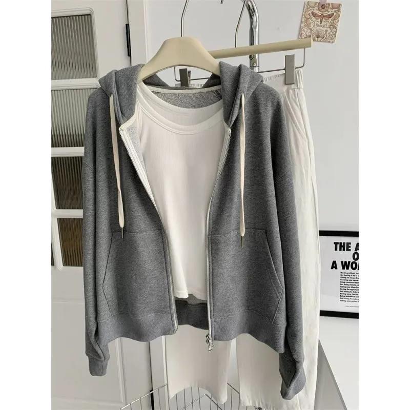 

Женская осень-зима Толстовка на молнии с контрастным шнурком Укороченная толстовка-куртка L серый
