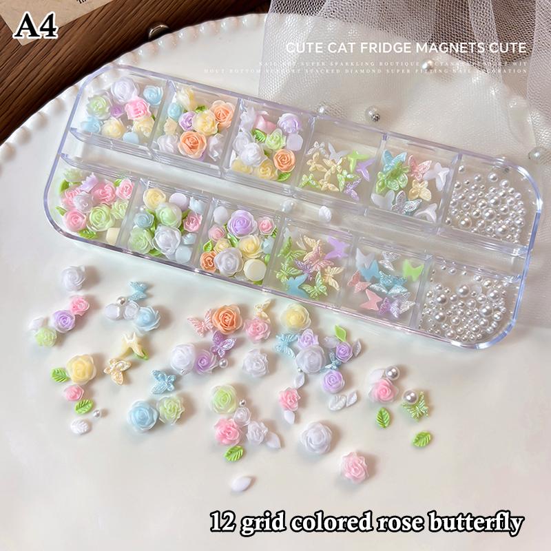 6/12 Grids 3D Camellia Rose Flower Nail Art Charms Mixed Floral Butterfly Pearl Nails Decor For Diy Crafts Manicure Accessory