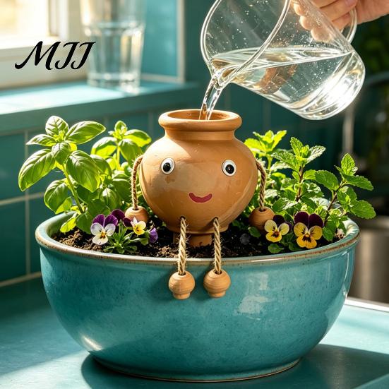 Indoor Garden Plant Care Accessories Terracotta Watering Spike, Cute Face Self Insert for Potted Cartoon Globes Plants, Decorative Clay Automatic