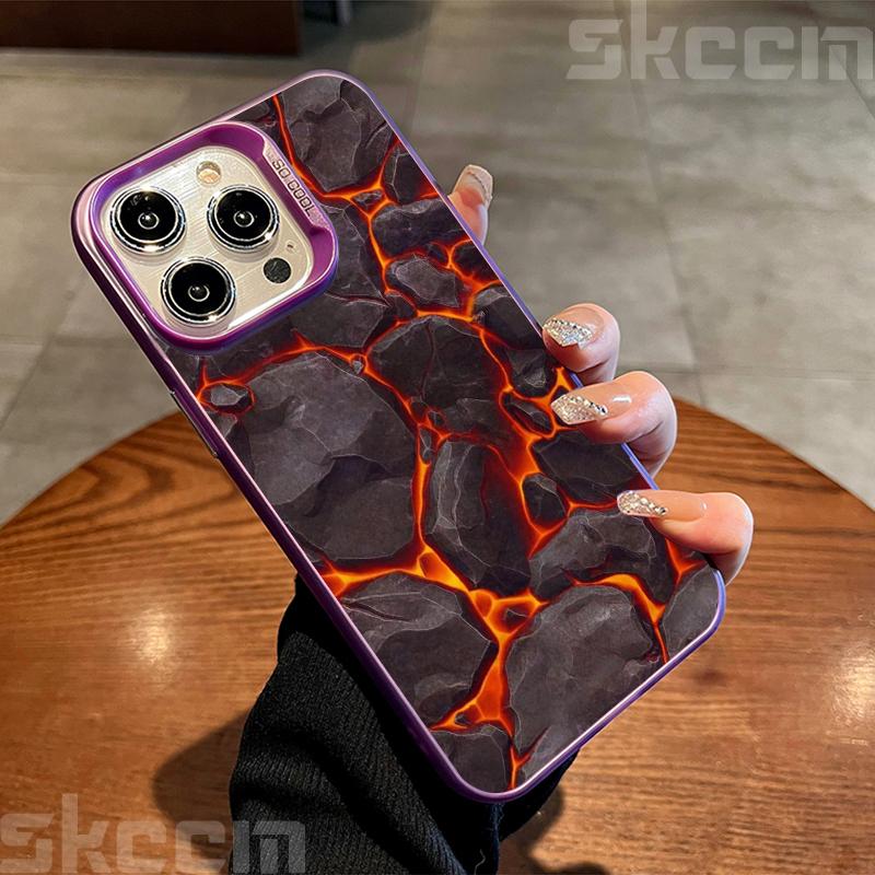 Creative Volcanic Magma Electroplate Silver IMD Case For iPhone 16 15 14 Pro Max Plus 11 12 13 Pro 7 8 Plus X XS XR Hard Cover