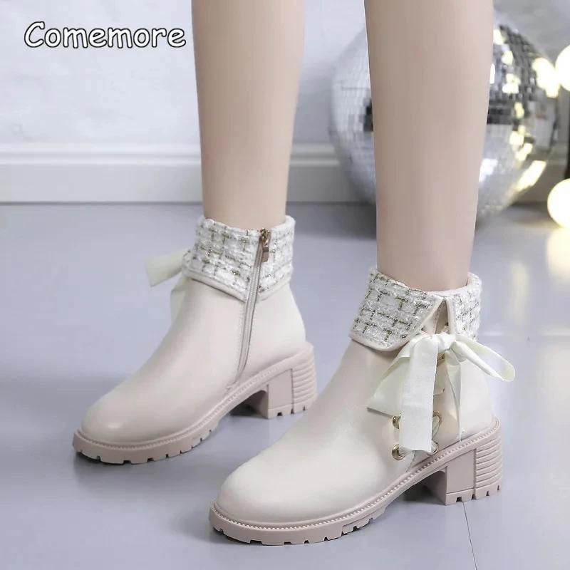 New Women Short Boots Ladies Leather Ankle Boot Autumn Platform Motorcycle Shoes for Woman's Winter Pearl Shoe