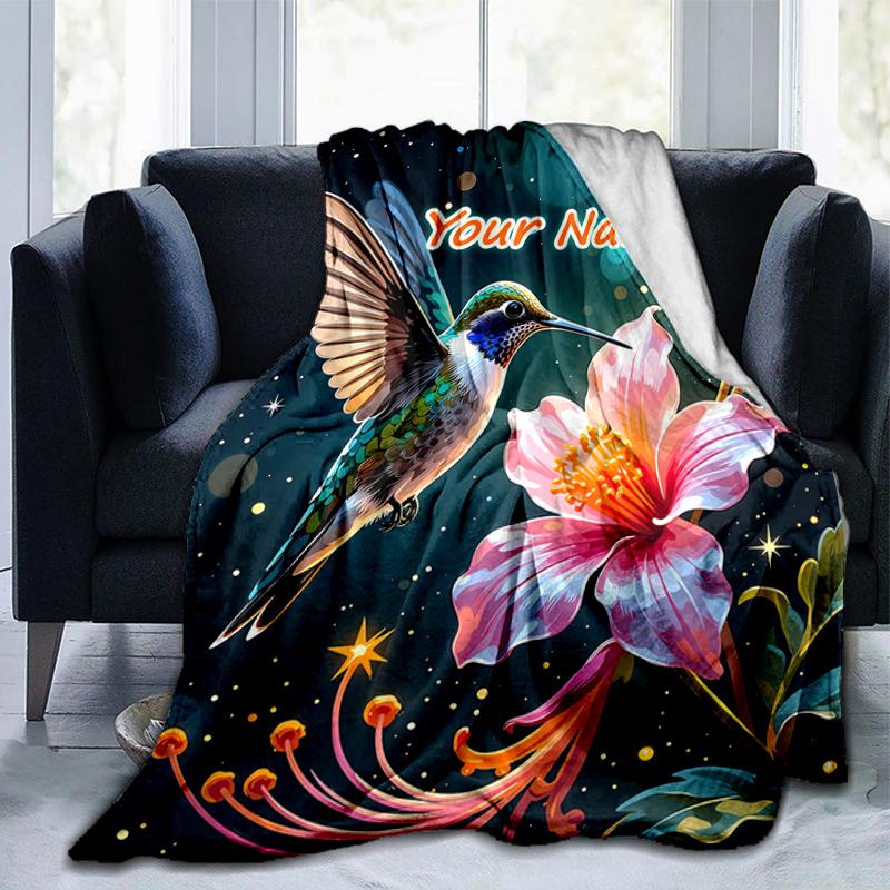 1PC Custom Name Hummingbird Flower Magic flannel blanket versatile,all-season throw suitable for the living room,bedroom,camping,travel,and gift