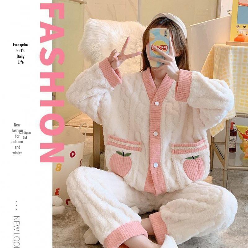 Damen Dickes Flanell Korallenfleece Pyjama Set - Niedlicher Langer Cardigan Homewear für Herbst und Winter