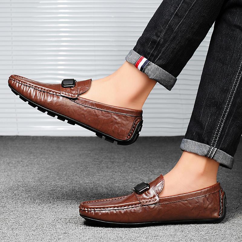 Fashionable Low Cut Men'S Bean Shoes Comfortable Slip-On Flat Driving Leather Shoes High-Quality Handmade Leather Casual Loafers
